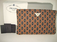 NEW Prada Tessuto Jacquard Brown White Leather Goldtone Logo HW Large Clutch Bag
