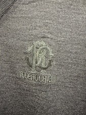 Roberto Cavalli Embroidered Logo Wool V-Neck Sweater Gray Size XL Made in Italy
