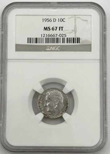 1956 D MS 67 FT Roosevelt 10C NGC 90% Silver Toning *SL