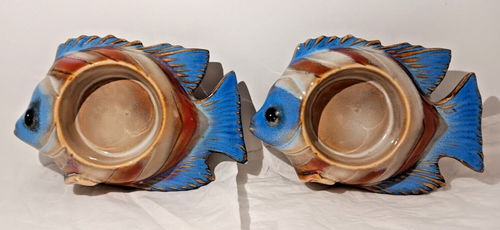 Set of 2 Glazed Tropical Blue, Brown, Tan, Fish Candle Holders,  - Afbeelding 1 van 20