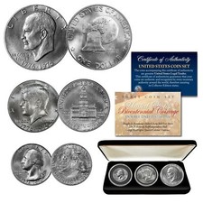 1976 Bicentennial JFK Half Dollar / IKE Dollar / Quarter Dollar 3-Coin Set Box