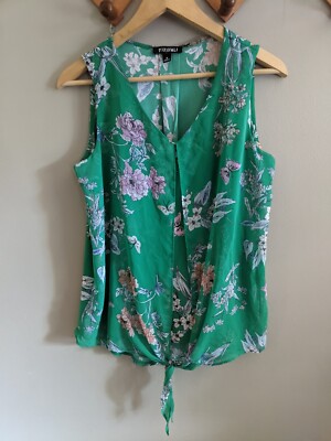 Roz & Ali Blouse Dress Tank Top Floral Sz Medium Bright Butterfly Sheer Overlay