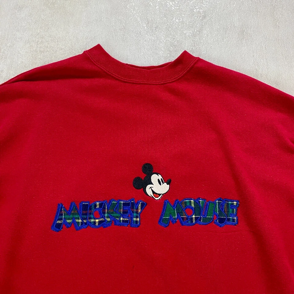 Jersey Mickey Mouse Mujer Talla XL Benetton De Colección Y2K Rojo Gran Tamaño Bordado Tartán Foto 3 de 4