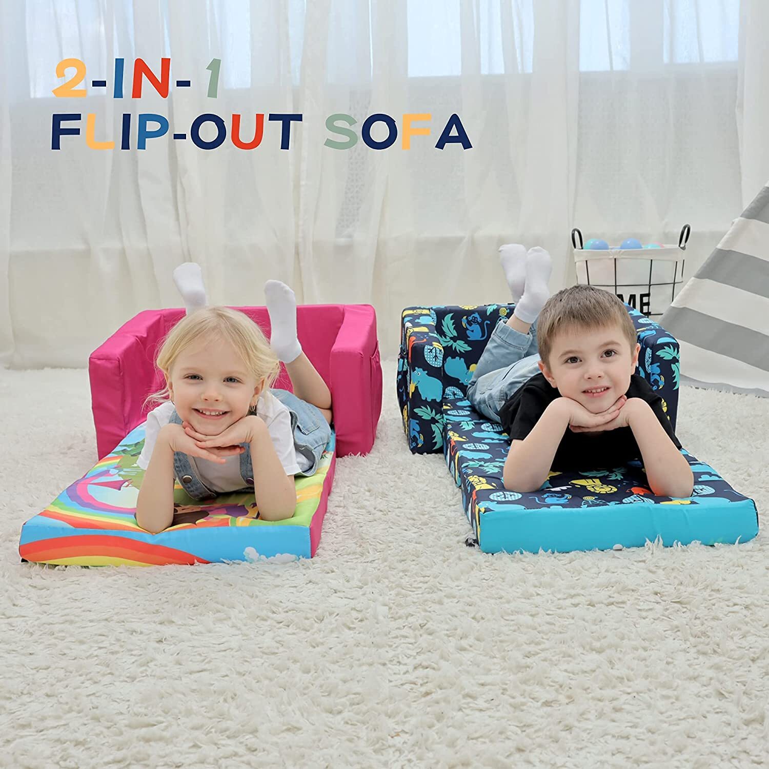 Kids Toddler Sofa Bed, Boys & Girls Upholstered Couch Flipout Bed