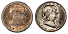 1955 50c Franklin Silver Half Dollar - Colorful End Roll Toning - BU - SKU-H2209