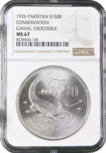 Pakistan 150 rupees 1976, NGC MS67, "Conservation - Gavial Crocodile"