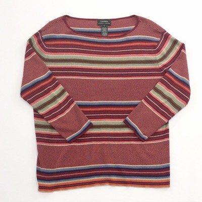 Lauren Ralph Lauren Linen Blend Sweater Women XL  Striped 3/4 Sleeve Boat Neck
