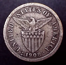 Silver Coin 1908-S Philippines, United States Administration 10 Centavos, Early