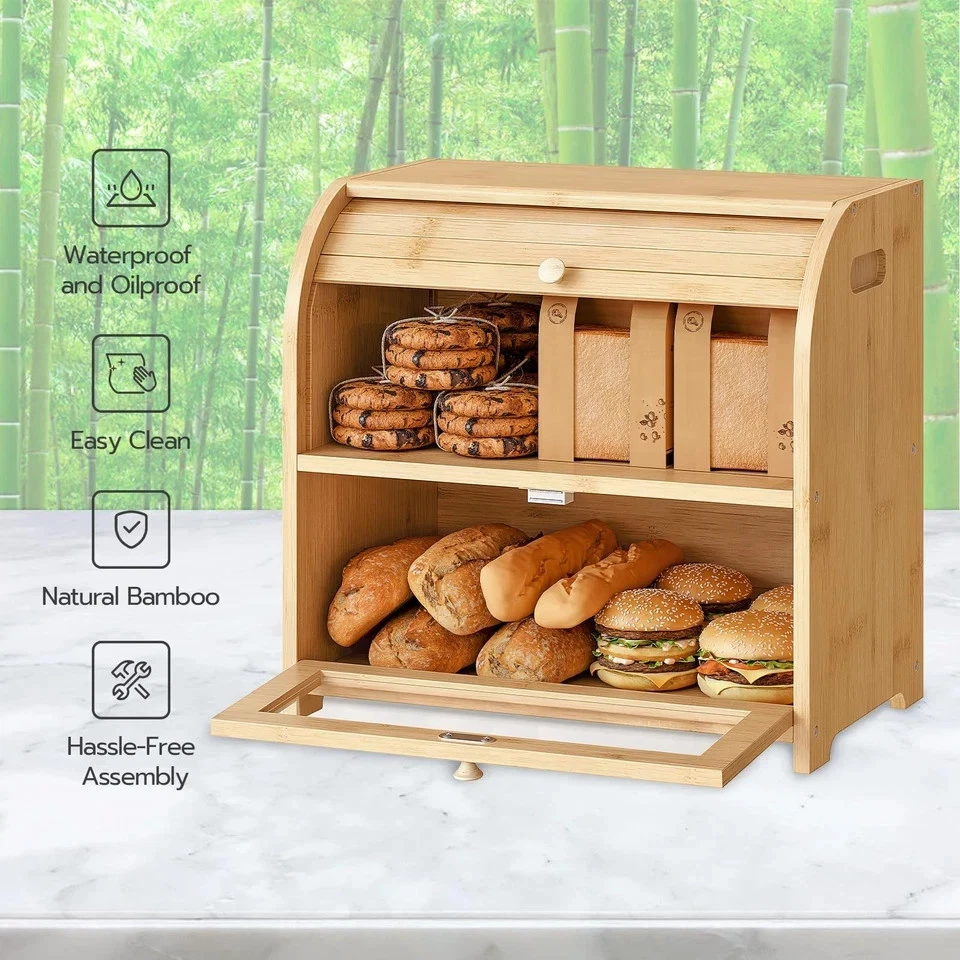 Bread Box, Bread Box for Kitchen Countertop, 2 Tier Roll-Top Bread Bin, Food ...