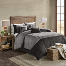 Comforter Set Faux Suede Down Alternative Queen 7 Piece Rustic Grey Dark Gray