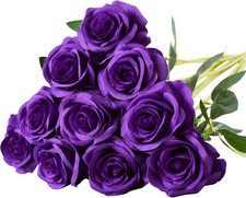 10 Pcs Purple Rose Artificial Flower, Faux Silk Flowers with Long Stems, Fake Ro