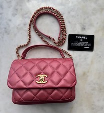 Chanel Metallic Calfskin Quilted Top Handle Mini Flap Dark Pink GHW Crossbody
