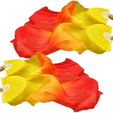 Silk-like Belly Long Dance Fan Veil 2 Pair Left Right Gradient Color Perform...