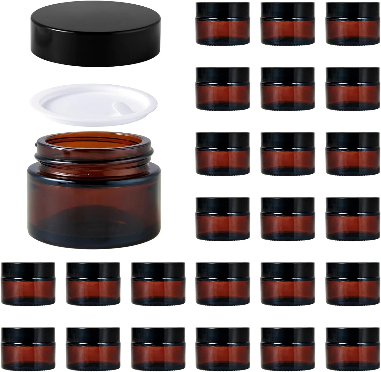 Travel-Sized Amber & Clear Glass Jars with Black Lids - 1Oz Containers