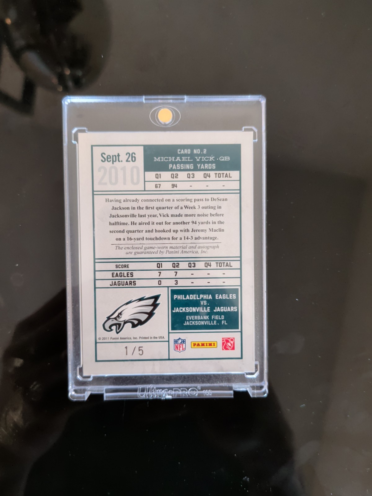 2011 Panini Timeless Treasures - Game Day Souvenirs Michael Vick / 5 view 2