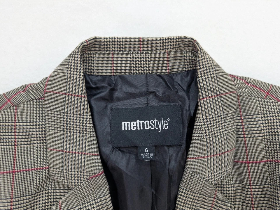 Chaqueta Blazer Metrostyle Para Mujer Talla 6 Beige Negra A Cuadros Negocios Carrera Foto 3 de 4