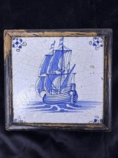 Antique 17th C Dutch Delft Tile - Blue  White Tall Ship - Floral Corner Motifs