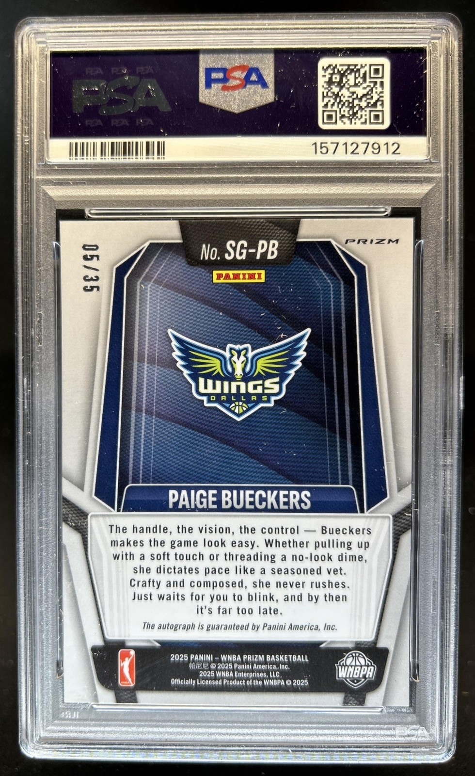 2025 Panini WNBA Prizm Paige Bueckers Signatures RC Teal Auto #/35 Wings PSA 10 view 2