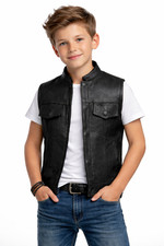 Black Kids Teens Leather Motorcycle Vest Biker Style Concealed Waistcoat