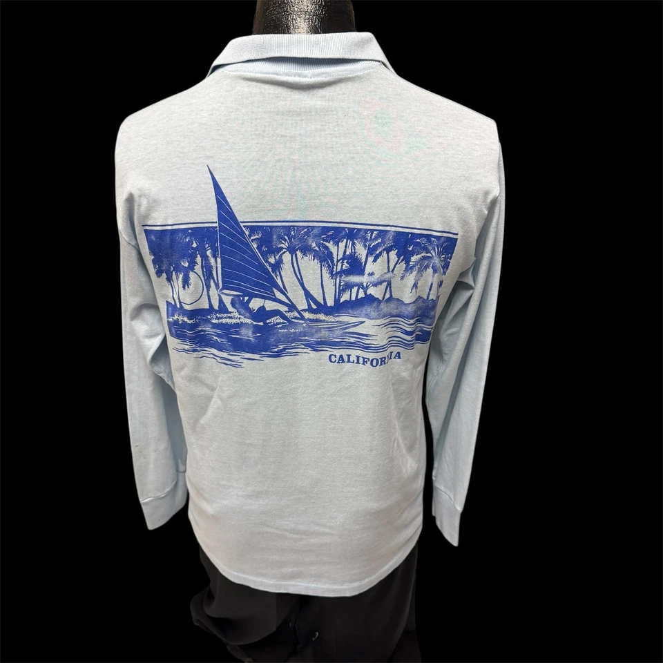 Vtg 80's Sky Blue California Beach Sailboarding WINDSURFING SURFER Polo Shirt M - Image 2 of 4