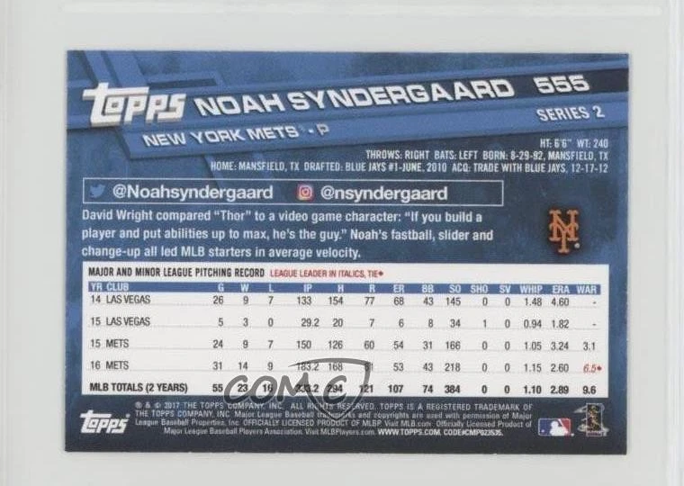 2017 Topps Mini Noah Syndergaard #555 - Image 2 of 2