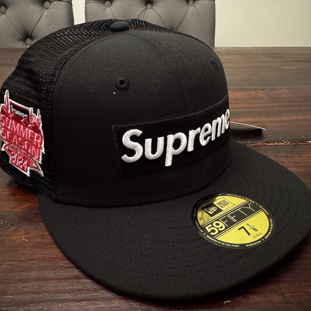 Supreme New Era Box Logo Mesh Back Fitted Hat Black Sz 7 1/8 NEW