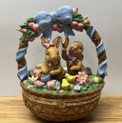Vintage Porcelain Easter Basket Large Trinket Box Bunnies Flowers Decor Goldtone