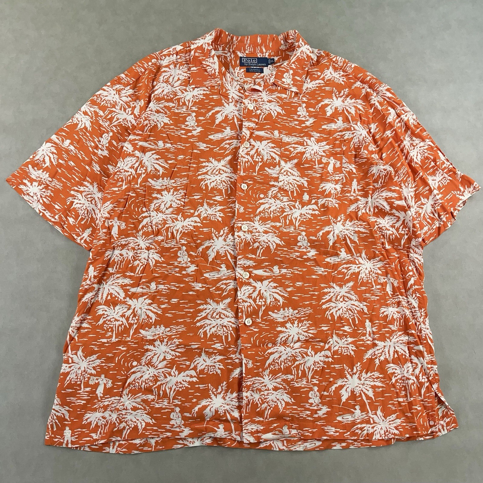 Vintage Polo Ralph Lauren Mens XL Hawaiian Shirt Orange Floral Rayon Loop Collar thumbnail 2