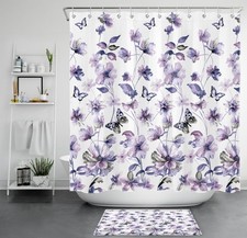 Purple Butterfly Watercolor Wildflower Shower Curtain Set for Bathroom Decor