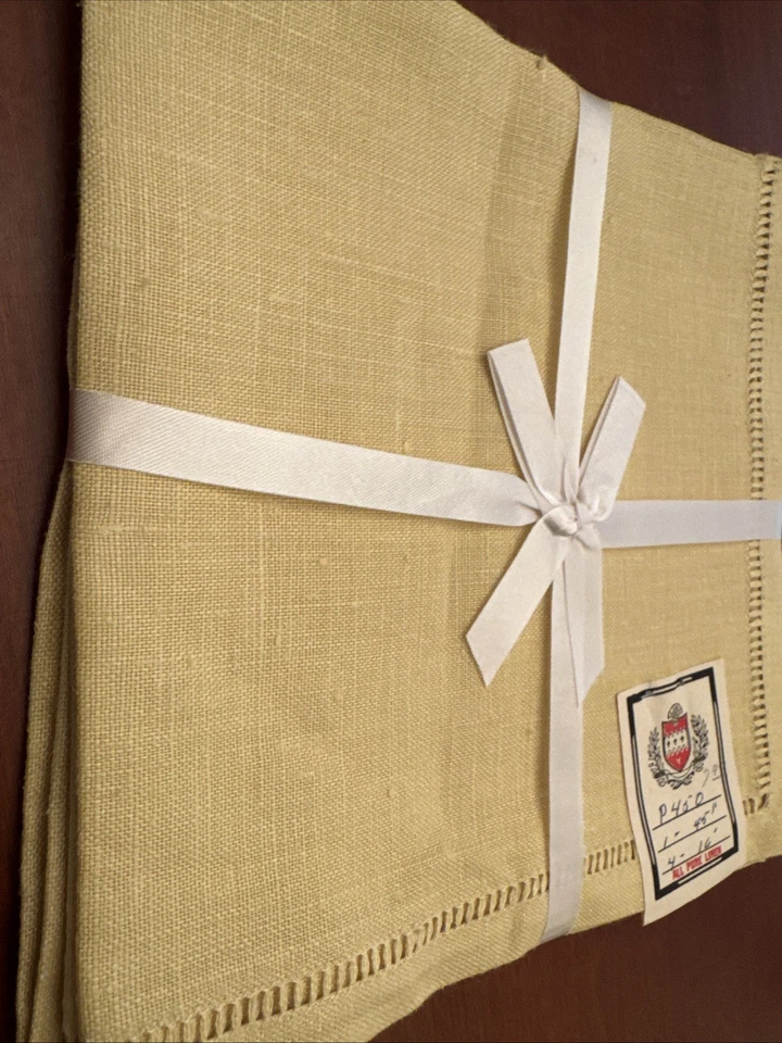 Vintage Pure Linen 44”x44” Tablecloth & 15"x15" Napkins Set Gold Color 5 Piece - Image 3 of 4