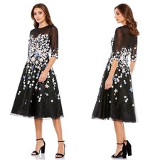 NWT! Sz: 10 Mac Duggal Floral Embroidered Tea-Length Cocktail Black Multi Dress