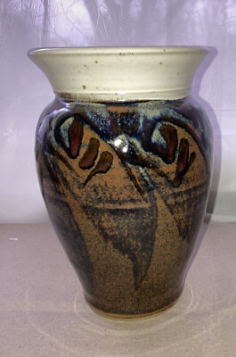 Studio Art Pottery Vase Planter Brown Blue Drip Glaze signed Wyatt Lane ...