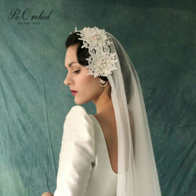 Vintage Ivory Wedding Veil Lace Sequin Pearl Pillbox Headpiece Tulle Bridal Vintage White Pillbox Hat W/ Veil by Sylvia New York St  main image 2