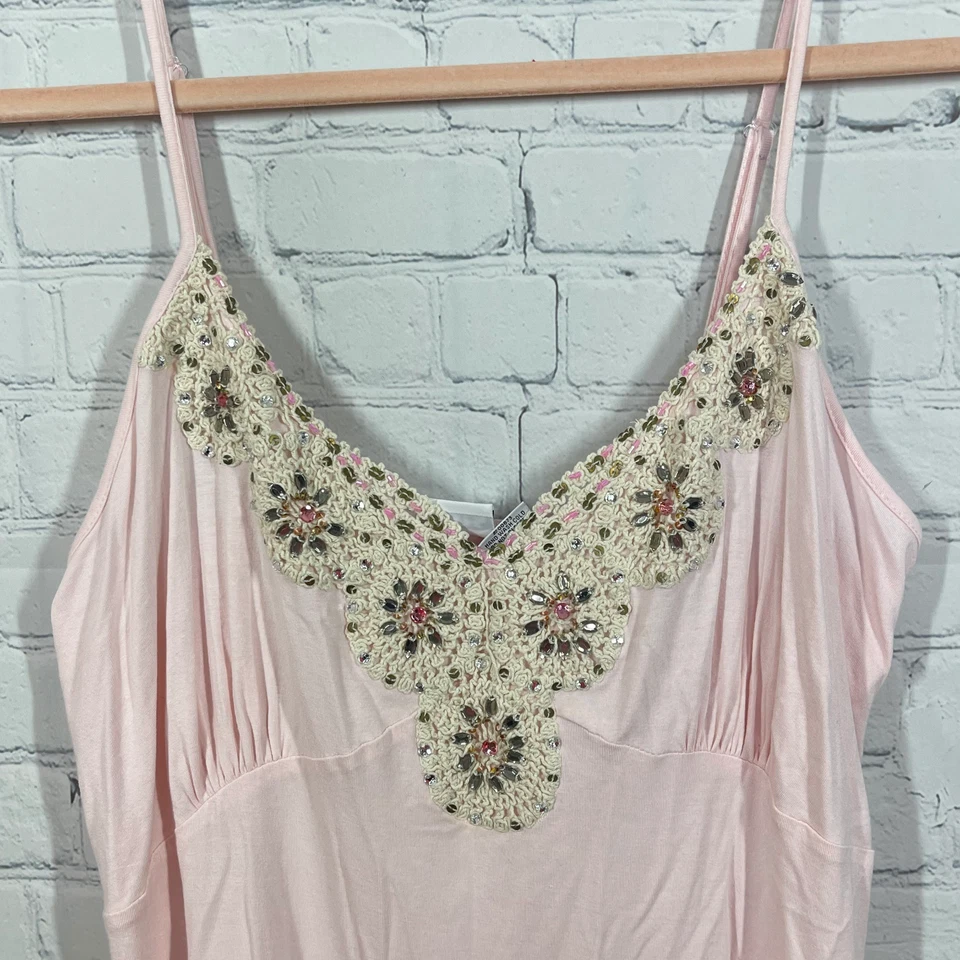 Camisola vintage años 00 Y2K mujer grande rosa ganchillo cuentas babydoll coqueta top Foto 3 de 4
