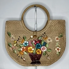Handbag Tote Weaved Jute Floral Vase Design Wooden Handles Summer Beach Vacation