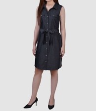 NY Collection Women's Black Collared Self-Tie Button-Up Dress Petite Size PL