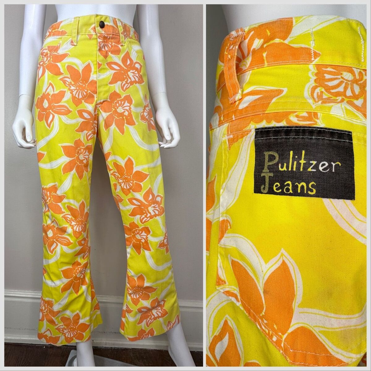 Vintage 1960s Yellow and Orange Floral Pulitzer Jeans, Lilly Vintage 1960s Yellow and Orange Floral Pulitzer Jeans, Lilly