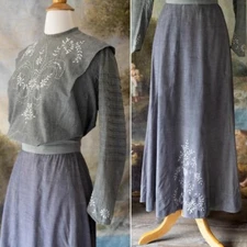 Antique 1900s Edwardian Grey Cotton Embroidered Set Top and Skirt Historical 