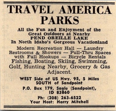 Travel America Parks Harry Mitchell South Of Sandpoint ID 1974 Ad TAK7-S1