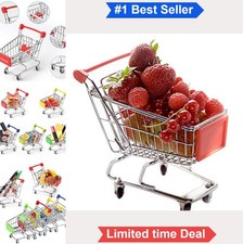 Mini Shopping Cart Metal Toy Red Handle Desk Storage Holder Gift Basket Doll