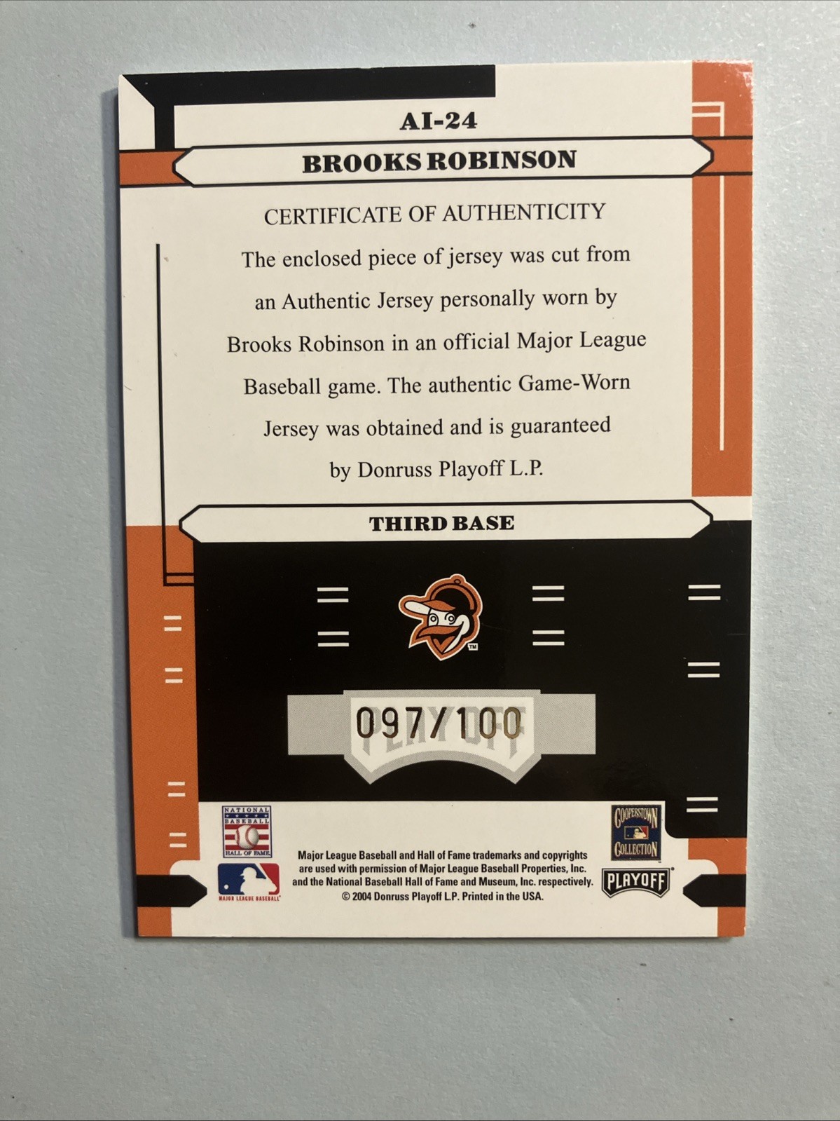 2004 ABSOLUTE MEMORABILIA BROOKS ROBINSON GAME USED/AUTO W/ HOF INSIGNIA #/100 view 7