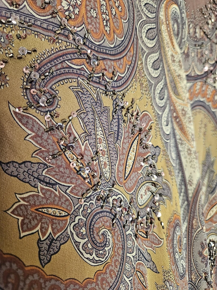 Vintage Silk Slip Dress Maxi Gown 10 12 Brown Paisley Y2K 90s Prom Bead Grunge - Image 4 of 4