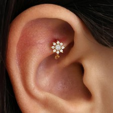 Silver Tone Flower CZ Earring Women Tiny Small Hoop Cartilage Huggie Jewelry