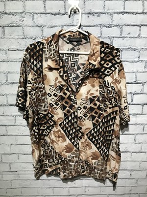 Impressions, Women Plus 2X, Brown/Black Tribal Short Sleeve Button Shirt