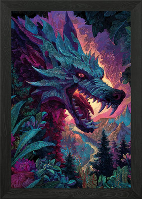 Gerahmtes Wandbild Drache üppige Landschaft Poster Leinwanddruck Bild