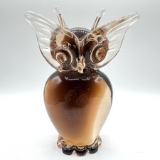Vintage Murano Style Art Glass Owl Sculpture  Amber Brown Figurine 7.5  Tall