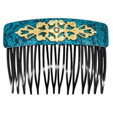 Vintage 30s 50s French Hair Comb Teal Marbled Acetate Applied Filigree