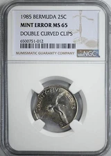 1985 Bermuda 25C Cents NGC Mint Error MS65 - Doubled Curved Clips