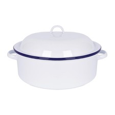 1x White Round Enamel Roaster with Self-Basting Lid 30cm Blue Oven Roasting Pan