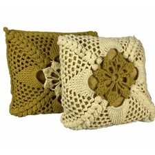 Vintage Set 2 Crochet Throw Pillows   Yellow Green Granny Squares MCM Handmade